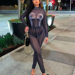 Abstract Stripe Print Sheer Mesh Long Sleeve Crop Top And Slim Fit Pants Women Streetwear Sexy Outfits