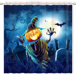 Wasserdichter Polyester Duschvorhang zu Halloween mit Kürbis-Vogelscheuche Motiv, 180x180 cm