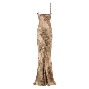 Elegant champagne floral bodycon maxi dress with slender straps and open back view
