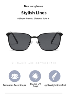 Detail of polarized brown square sunglasses showing UV protection and slim metal frame