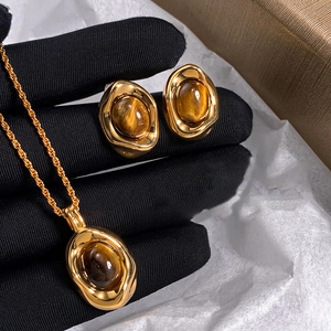 Copper Real Gold Plated Tiger Eye Stone Necklace And Earrings With Silver Earring Post Vintage Oval For Women