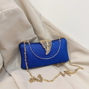 Elegant blue glitter clutch bag with gold leaf clasp and detachable chain strap for evening