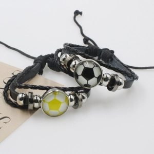 Mens soccer leather bracelet with football charms and silver metal beads set of two