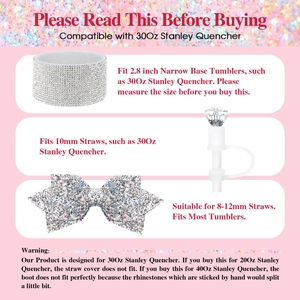 Glitter bow and diamond straw cover set for 30oz Stanley Cup with rhinestone boot