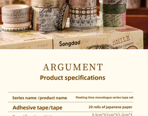 Detailed view of 20 rolls of vintage washi tape with floral and newspaper patterns