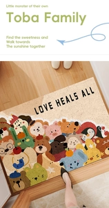 Detail of PVC silk loop floor mat with colorful cartoon animals and LOVE HEALS ALL text