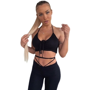 Women's summer black two-piece set with deep V-neck halter top and slim fit trousers