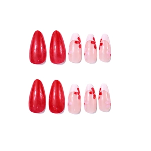 Almond press-on nails featuring red glossy finish and pink floral french design