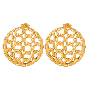 Retro 18K gold plated titanium steel round mesh chain earrings with hollow texture