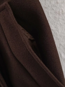 Detailed close-up showing stitching and fabric texture on a brown wool coat pocket