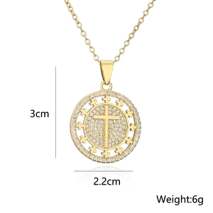 Detail showing 3cm round gold plated cross pendant necklace with weight specifications