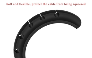 Detail showing the soft, flexible black silicone cable organizer with multi-hole design