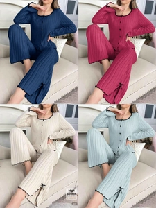 Detail of high stretch ribbed loungewear set in four colors with button cardigan