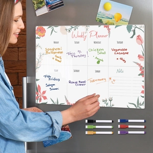 Magnetic acrylic weekly planner for fridge with 6 markers and floral design
