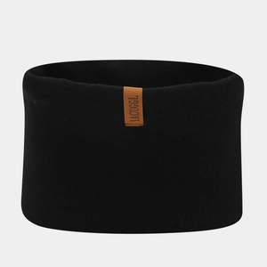 Detail shot of the black knitted neck warmer featuring a vintage brown leather logo patch