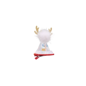Close-up of Christmas pet hair clip with red base, white plush ball and golden reindeer antlers