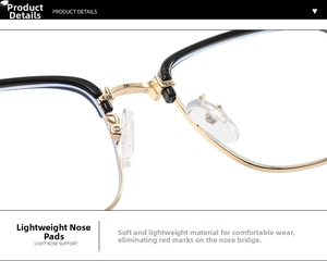Detailed close-up of lightweight silicone nose pads and golden metal frame hinges