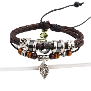 Multilayer vintage PU leather bracelet with wooden beads and a metallic leaf pendant