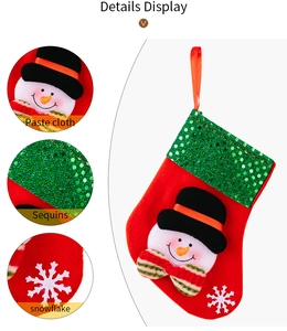 Detail display of Christmas stocking featuring snowman embroidery and glitter sequins
