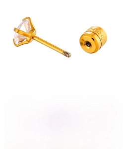 Detailed specs of 24K gold plated 316 stainless steel stud with zircon and screw back