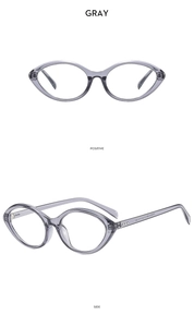 Detailed views of gray translucent cat-eye frames showing front and side profile