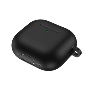 Detail view of black silicone AirPods 4 case with keychain hole and LED indicator cutout