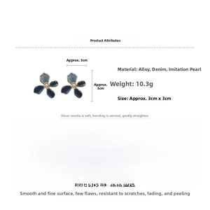 Detail view of blue denim fabric flower earrings with faux pearl center and size specs