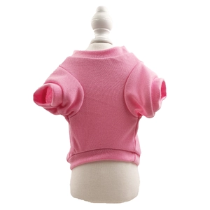 Detailed view of pink cotton pet t-shirt with ribbed edges on a mannequin model