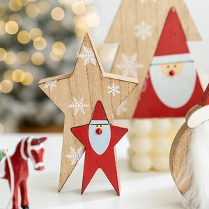 Wooden Christmas Santa Angel Desktop Ornament Painted Star Tree Reindeer Figurine For Home Office Xmas Decor Gift