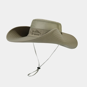 Detail of khaki hiking hat featuring breathable mesh crown and adjustable chin strap