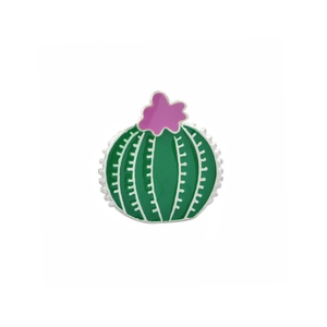 Detail of green enamel cactus brooch with pink flower and silver metal edge