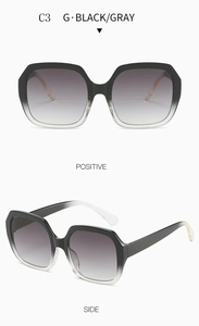 Front and side views of oversized gradient black sunglasses with gray lenses