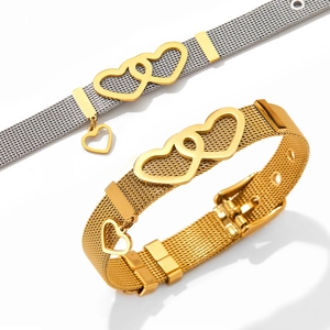 Detail of interlocking heart charms on adjustable stainless steel mesh watch band bracelets
