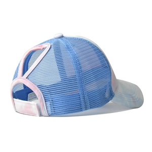Detail view of the breathable tie-dye ponytail sun hat with adjustable velcro strap
