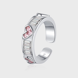 Elegant S925 sterling silver adjustable ring with pink heart stone and white zircon details