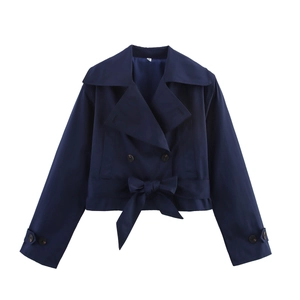 Women's dark blue double-breasted trench coat jacket with large lapel and waist tie