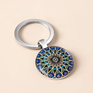Silver vintage mandala flower keychain with colorful glass pendant for women
