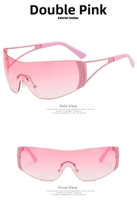 Detail der randlosen Y2K-Sonnenbrille mit rosa Farbverlauf, Strasssteinen und rosa Bügeln