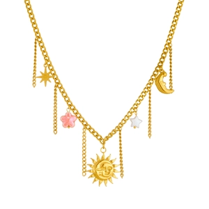 Gold celestial necklace featuring sun moon face charms and pink floral tassel pendants