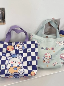 Cute cartoon rabbit and bear canvas tote bags with checkerboard pattern and wide handles