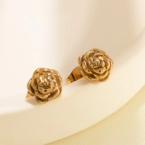 Minimalist 18K gold rose earrings in stainless steel with a high polish finish for women
