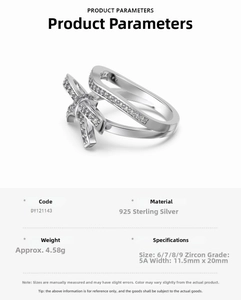 Detailed view of S925 sterling silver bow ring with 5A zircon inlay and size parameters