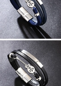 Detail view of multilayer leather bracelet with guitar charm and blue braided rope