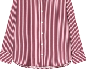 Close-up of red and white striped poplin shirt showing buttons and fabric texture
