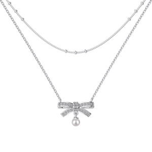 Double-layered S925 sterling silver necklace with a diamond bow and pearl pendant