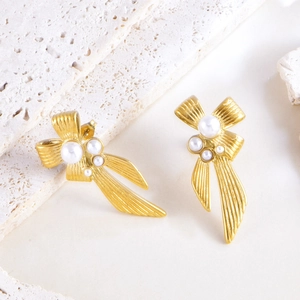 French vintage gold bow earrings with elegant pearls and stainless steel bead design