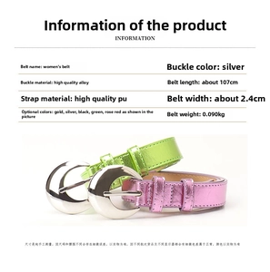 Detail of lime green and rose pink PU leather belts with silver alloy buckle specifications