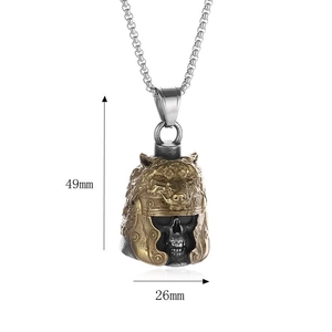Biker style stainless steel skull helmet bell pendant measuring 49mm by 26mm in size
