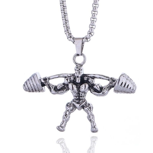Silver barbell weightlifting pendant necklace for men with muscular figure and box chain