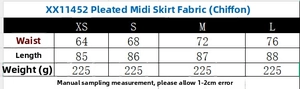 Detailed size chart for pleated chiffon midi skirt showing waist and length in centimeters
